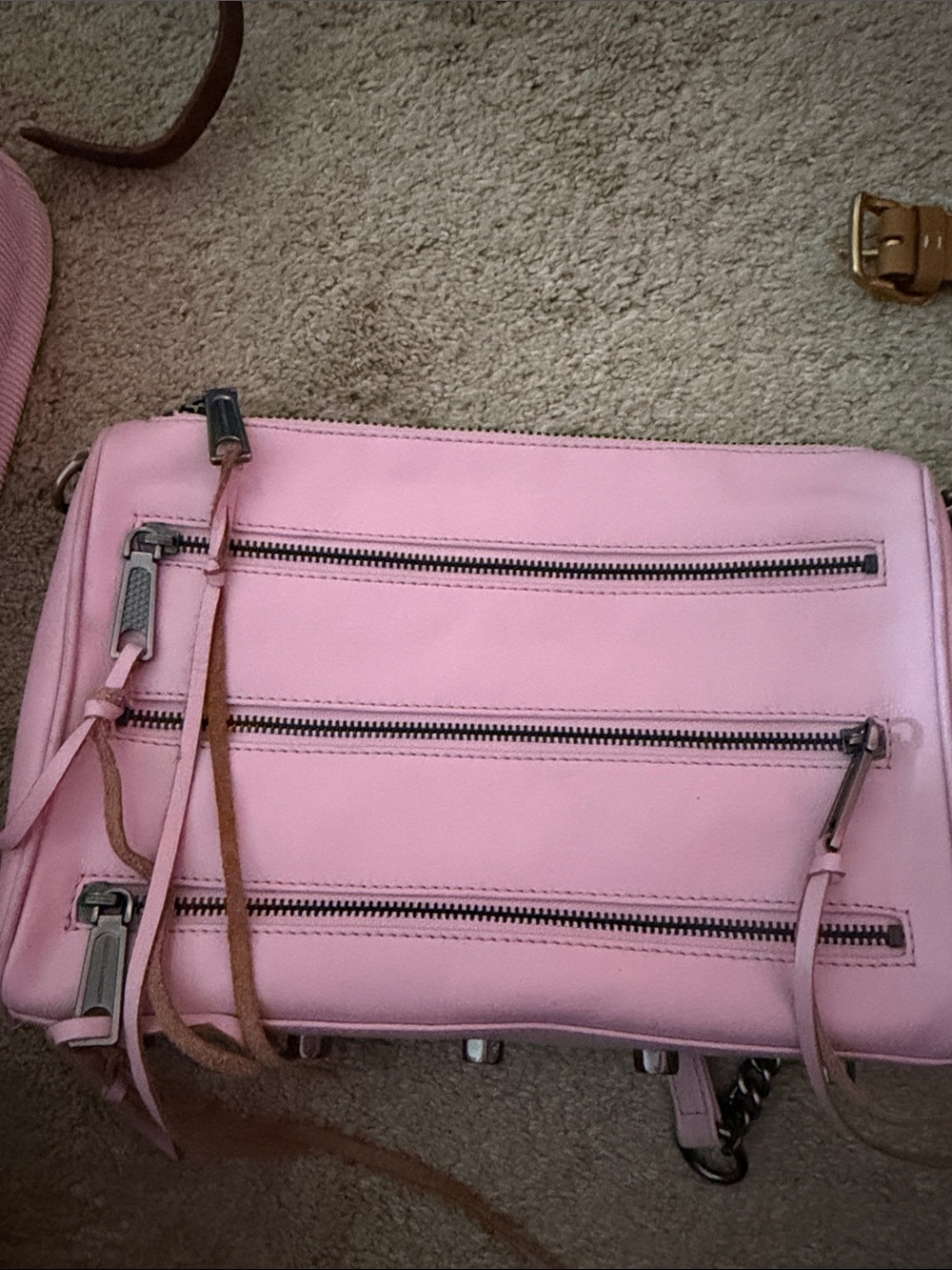 Women’s Pink Leather Crossbody Bag with Triple Zip Front